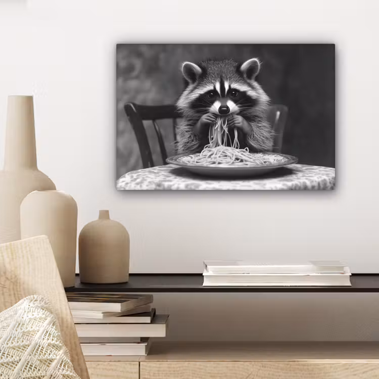 Canvas schilderij - Wasbeer - Cute - Pasta - Tafelkleed - Zwart - Wit — 5