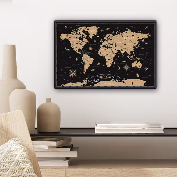 Canvas schilderij - Wereldkaart - Beige - Zwart — 5
