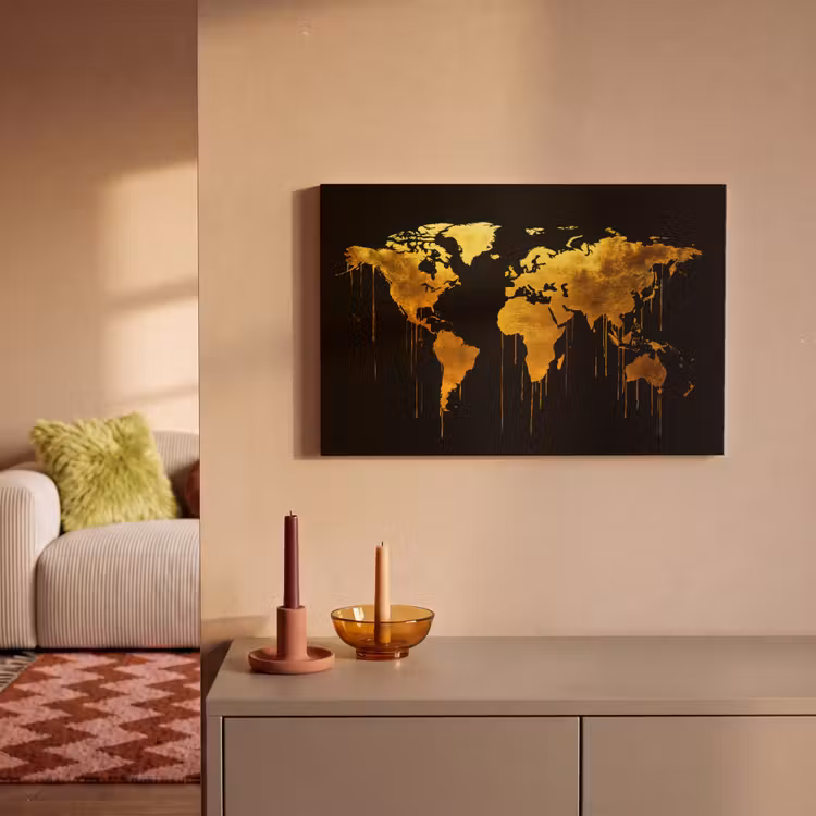 Canvas schilderij - Wereldkaart - Goud - Druipen - Zwart — 2
