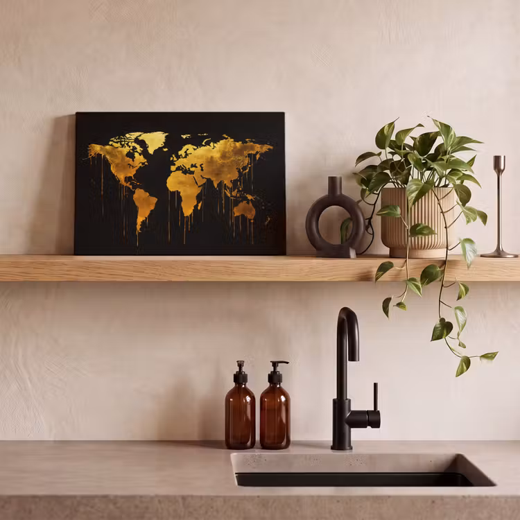 Canvas schilderij - Wereldkaart - Goud - Druipen - Zwart — 3