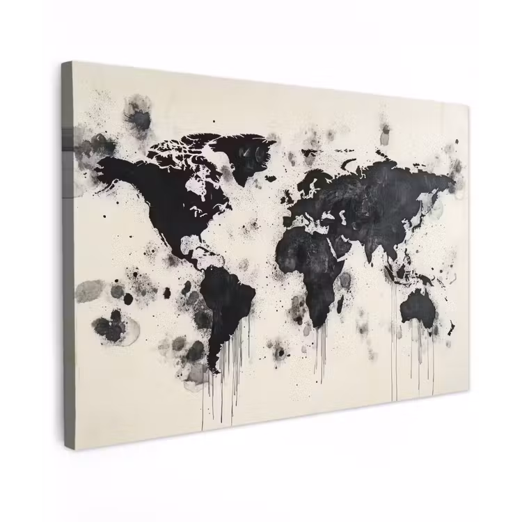 Canvas schilderij - Wereldkaart - Zwart - Inkt — 1