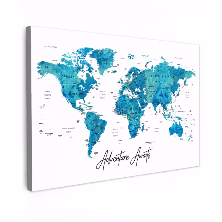 Canvas schilderij - Wereldkaart - Blauw - Kleurrijk — 1