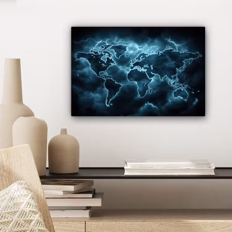 Canvas schilderij - Wereldkaart - Bliksem - Blauw — 5