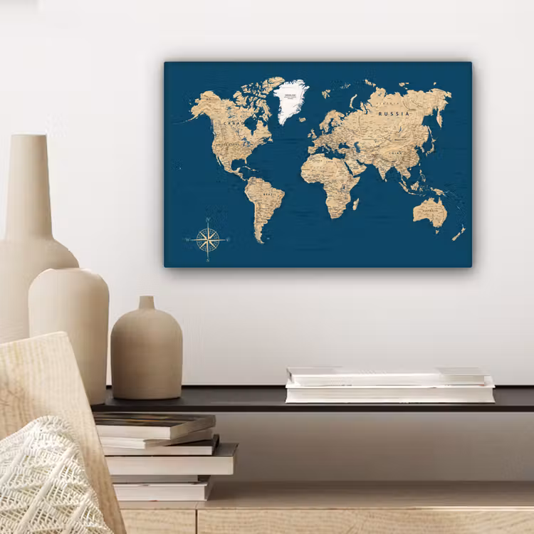 Canvas schilderij - Wereldkaart - Donkerblauw - Beige — 5
