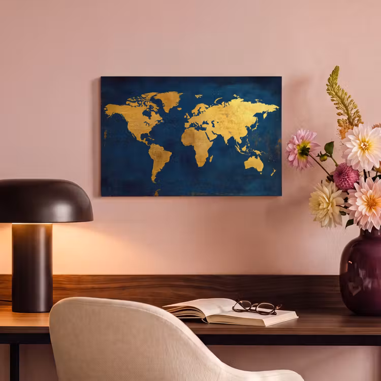 Canvas schilderij - Wereldkaart - Goud - Donkerblauw — 4