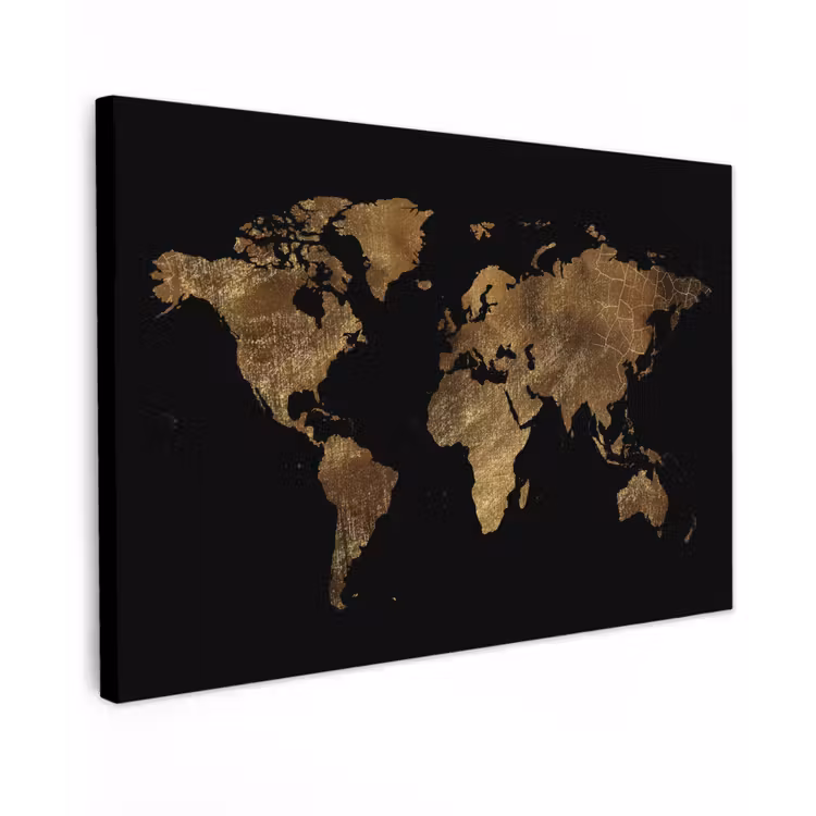 Canvas schilderij - Wereldkaart - Goud - Luxe - Aarde - Zwart — 1