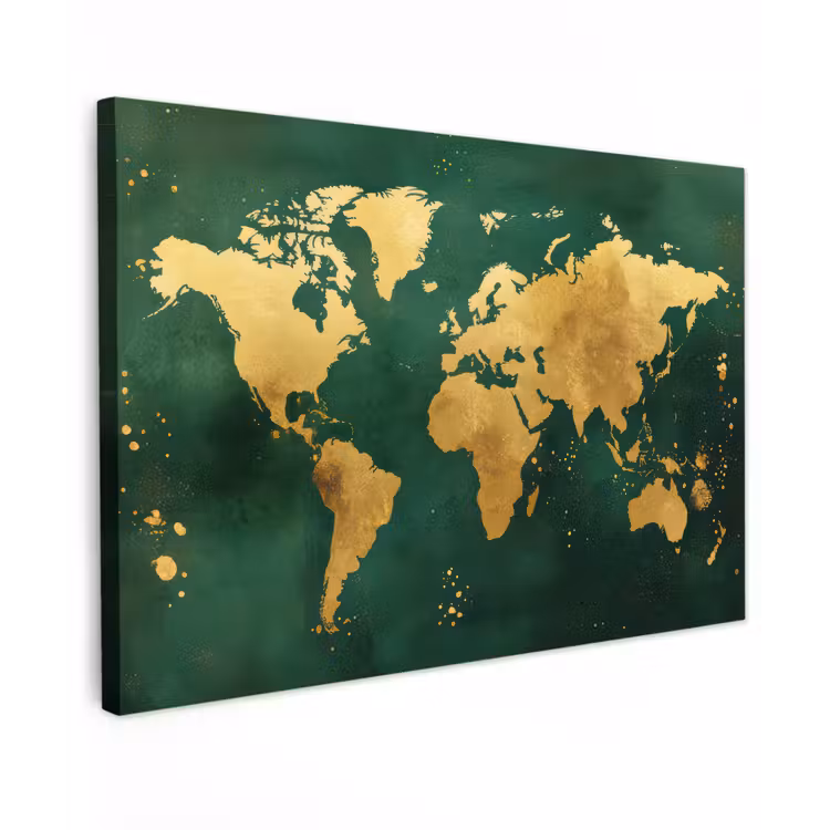 Canvas schilderij - Wereldkaart - Groen - Goud — 1