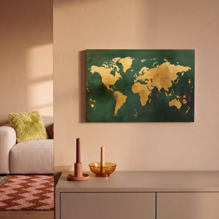 Canvas schilderij - Wereldkaart - Groen - Goud — 2