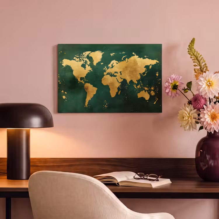 Canvas schilderij - Wereldkaart - Groen - Goud — 4