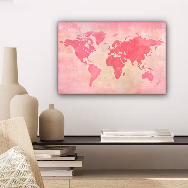 Canvas schilderij - Wereldkaart - Roze - Vaag — 5