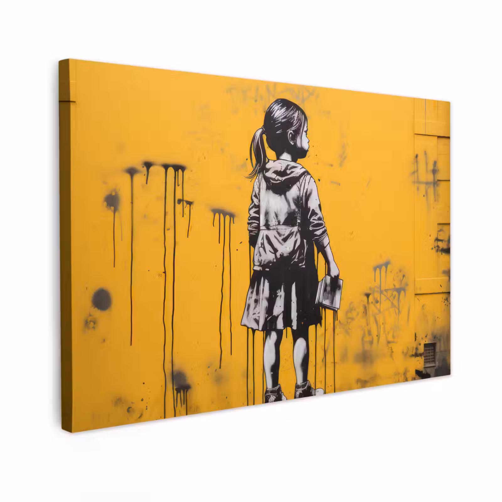 Canvas schilderij - Meisje - Boek - Gele Muur - Graffiti — 1