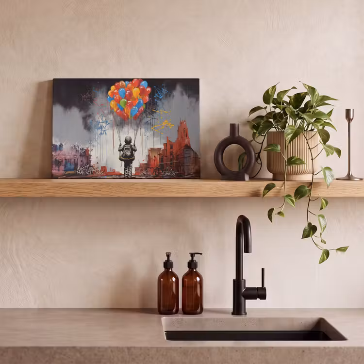 Canvas schilderij - Jongen - Ballonnen - Gebouwen - Kunst — 3