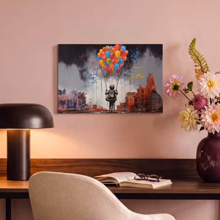 Canvas schilderij - Jongen - Ballonnen - Gebouwen - Kunst — 4