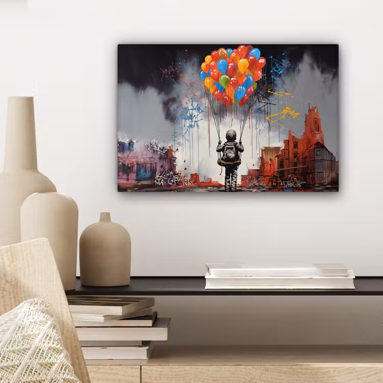 Canvas schilderij - Jongen - Ballonnen - Gebouwen - Kunst — 5