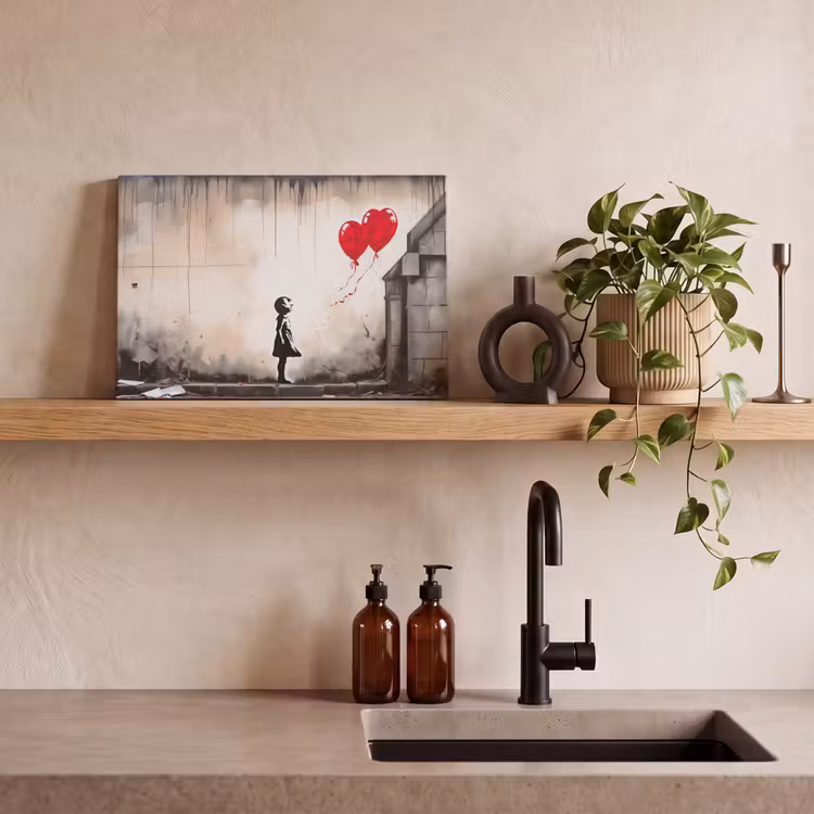 Canvas schilderij - Kunst - Meisje - Ballonnen - Hart - Grijs — 3