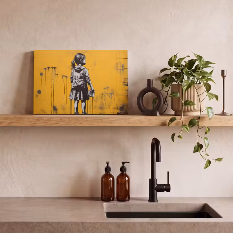 Canvas schilderij - Meisje - Boek - Gele Muur - Graffiti — 3