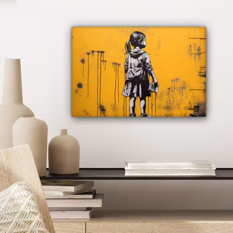 Canvas schilderij - Meisje - Boek - Gele Muur - Graffiti — 5