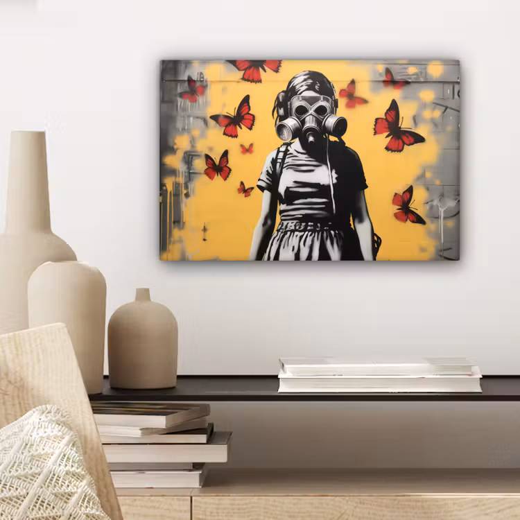 Canvas schilderij - Meisje - Gasmasker - Vlinders - Graffiti — 5