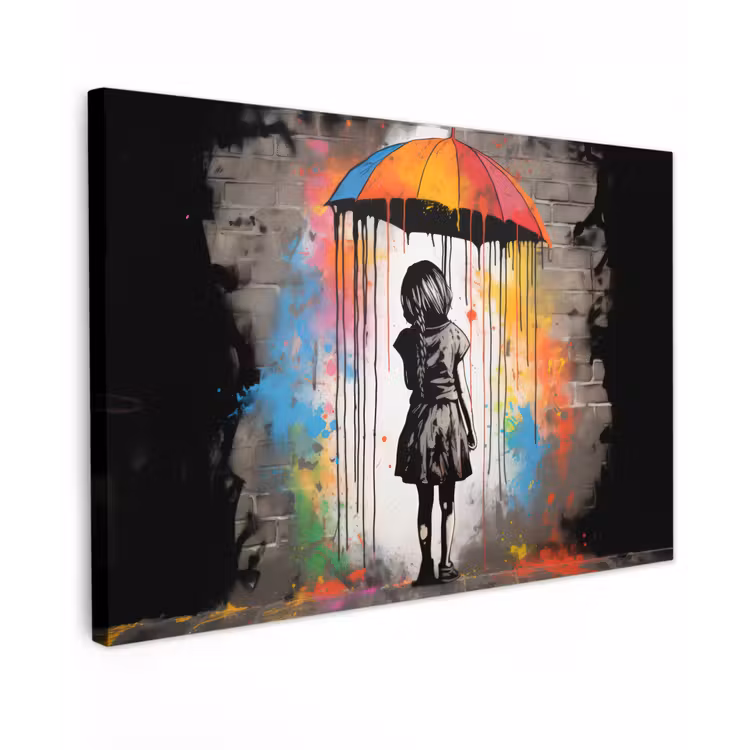 Canvas schilderij - Meisje - Kunst - Paraplu - Graffiti - Kleuren - Muur — 1
