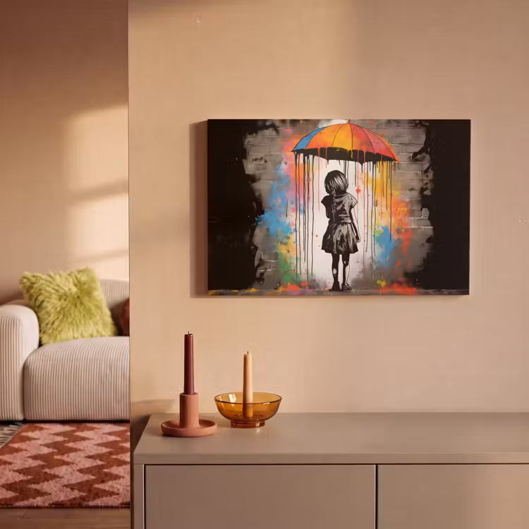 Canvas schilderij - Meisje - Kunst - Paraplu - Graffiti - Kleuren - Muur — 2