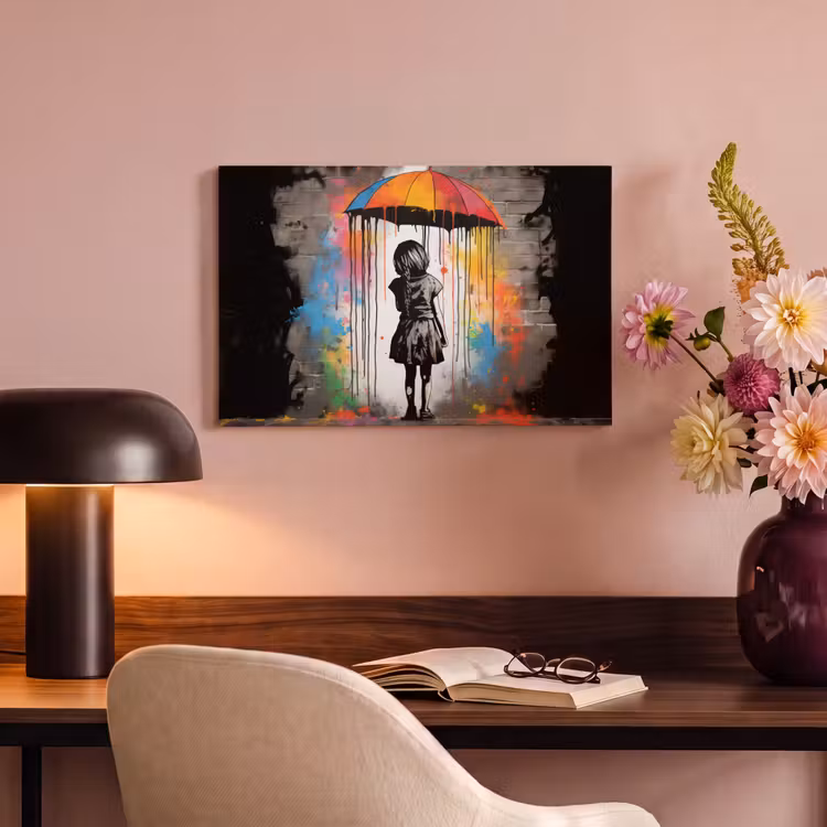 Canvas schilderij - Meisje - Kunst - Paraplu - Graffiti - Kleuren - Muur — 4