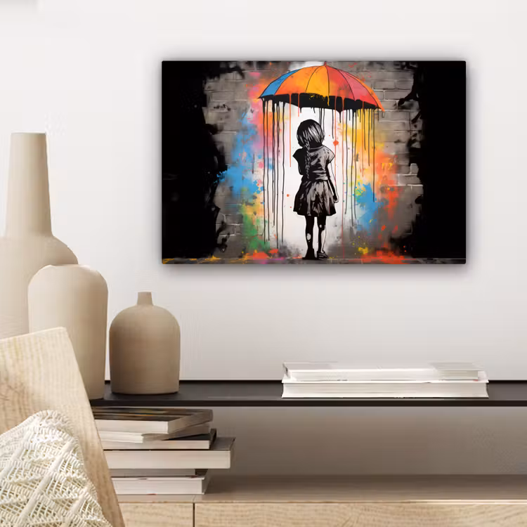 Canvas schilderij - Meisje - Kunst - Paraplu - Graffiti - Kleuren - Muur — 5