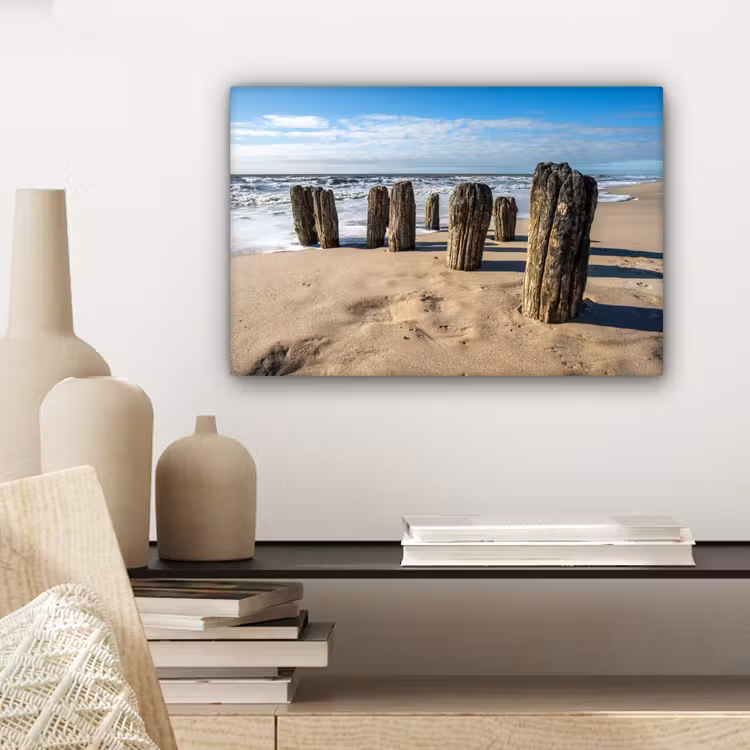 Canvas schilderij - Zand - Strand - Paal - Water - Zomer — 5