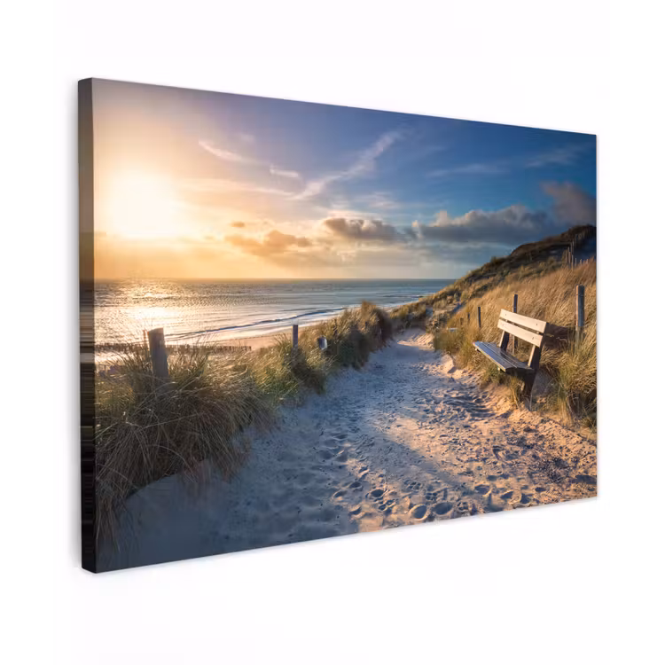 Canvas schilderij - Zonsondergang - Strand - Duin - Gras - Bank — 1