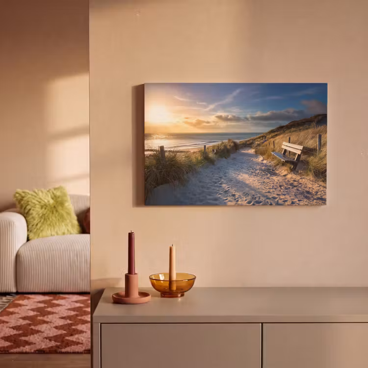 Canvas schilderij - Zonsondergang - Strand - Duin - Gras - Bank — 2