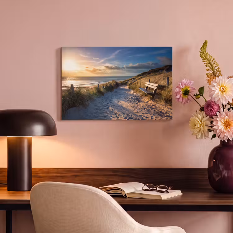 Canvas schilderij - Zonsondergang - Strand - Duin - Gras - Bank — 4
