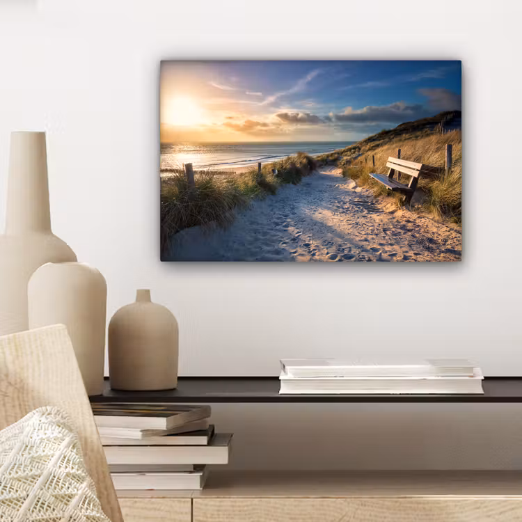 Canvas schilderij - Zonsondergang - Strand - Duin - Gras - Bank — 5