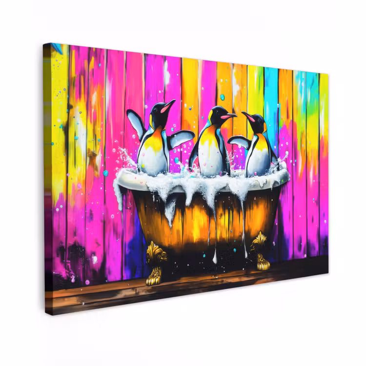 Canvas schilderij - Pinguïns - Badkuip - Kleurrijk - Schuim — 1