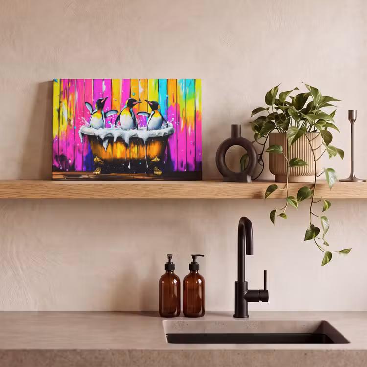 Canvas schilderij - Pinguïns - Badkuip - Kleurrijk - Schuim — 3