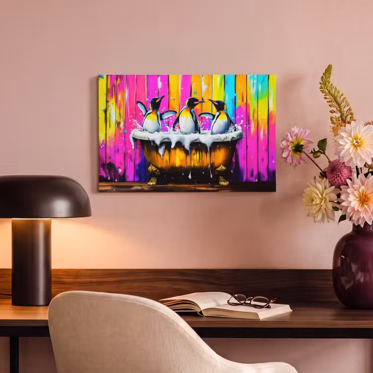 Canvas schilderij - Pinguïns - Badkuip - Kleurrijk - Schuim — 4