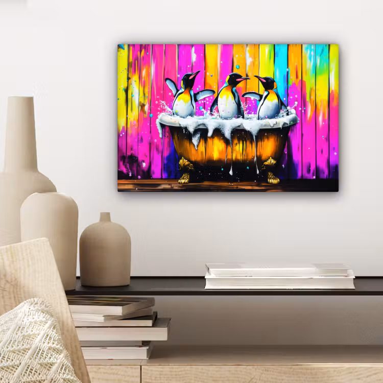 Canvas schilderij - Pinguïns - Badkuip - Kleurrijk - Schuim — 5
