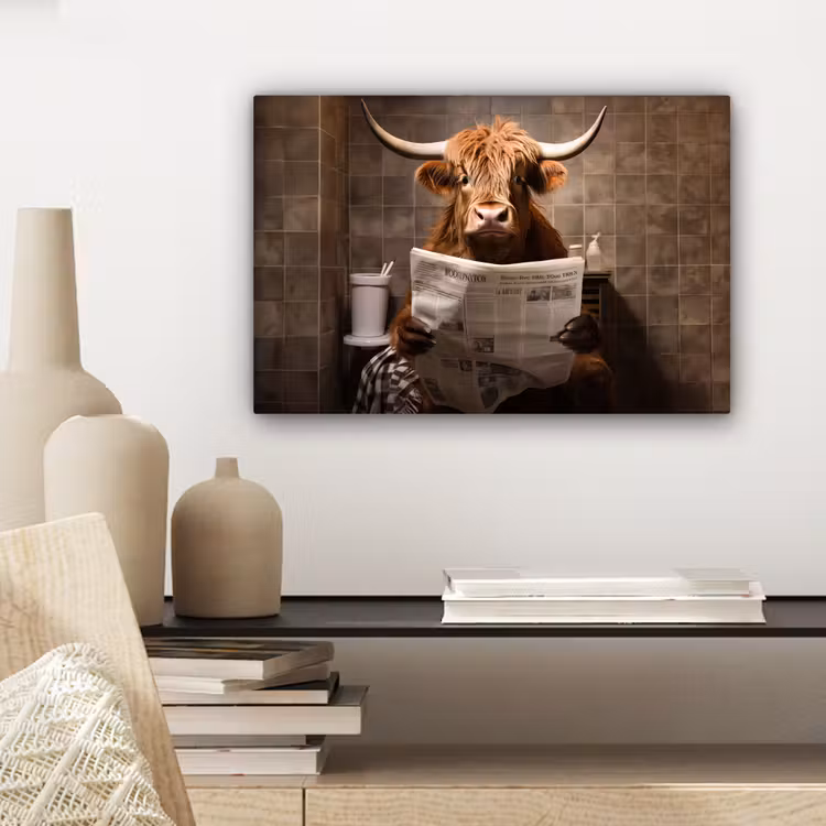 Canvas schilderij - Schotse hooglander - Krant - Toilet — 5