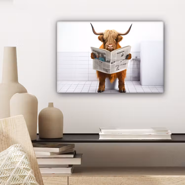 Canvas schilderij - Schotse hooglander - Krant - Toilet - WC - Wit - Koe — 5