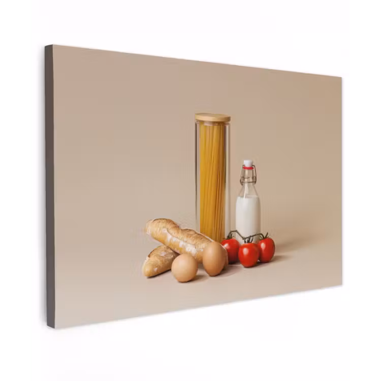 Canvas schilderij - Spaghetti - Melk - Tomaten - Eieren - Brood — 1