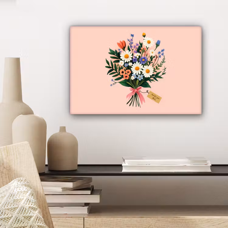 Canvas schilderij - Margrieten - Boeket - Strikje - Roze — 5