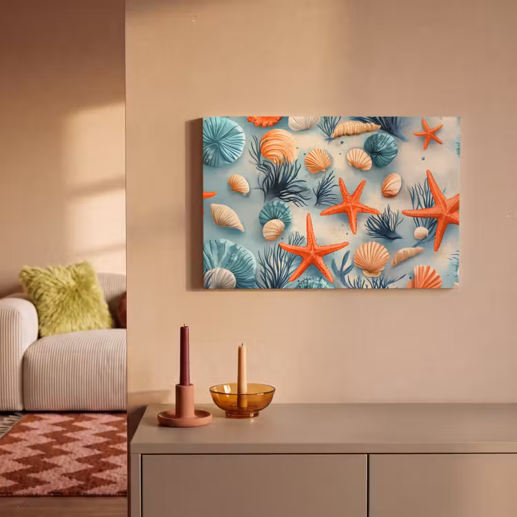 Canvas schilderij - Zeesterren - Schelpen - Illustratie - Zand — 2