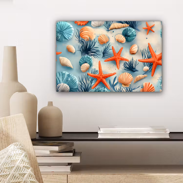 Canvas schilderij - Zeesterren - Schelpen - Illustratie - Zand — 5