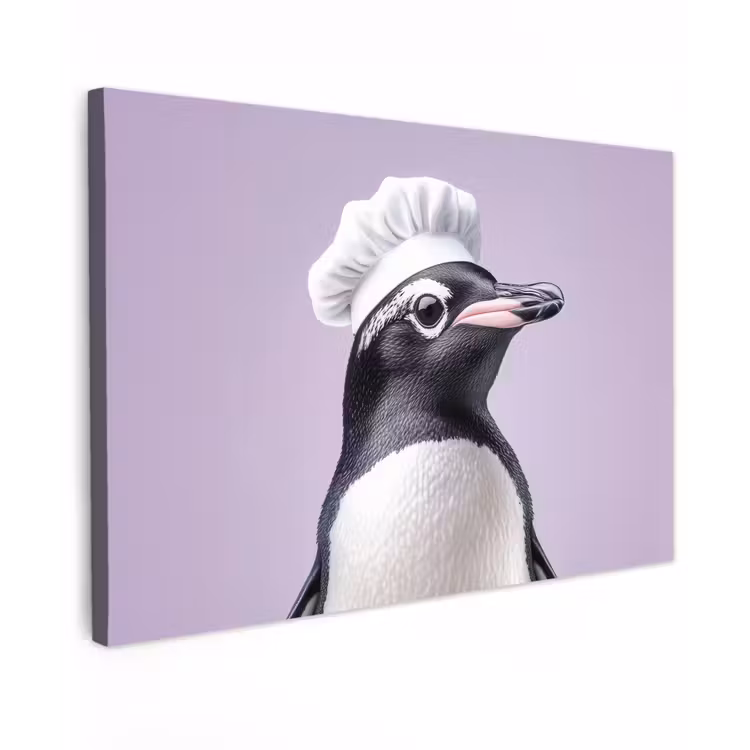 Canvas schilderij - Pinguïn - Koksmuts - Lief - Paars — 1