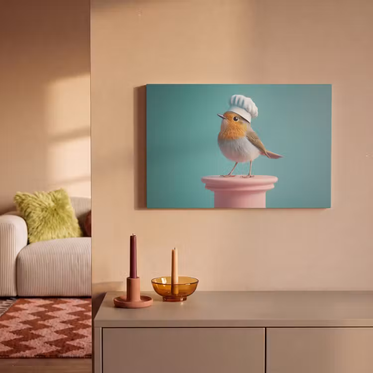 Canvas schilderij - Roodborstje - Vogel - Koksmuts - Sokkel — 2