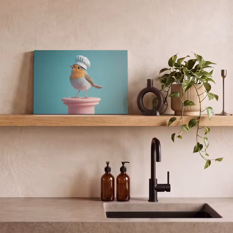 Canvas schilderij - Roodborstje - Vogel - Koksmuts - Sokkel — 3