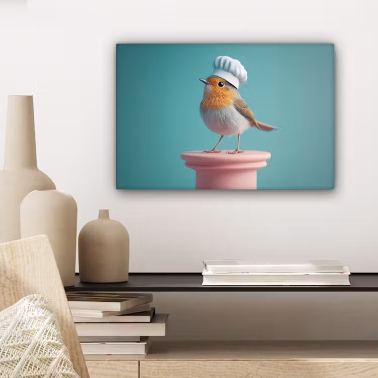 Canvas schilderij - Roodborstje - Vogel - Koksmuts - Sokkel — 5