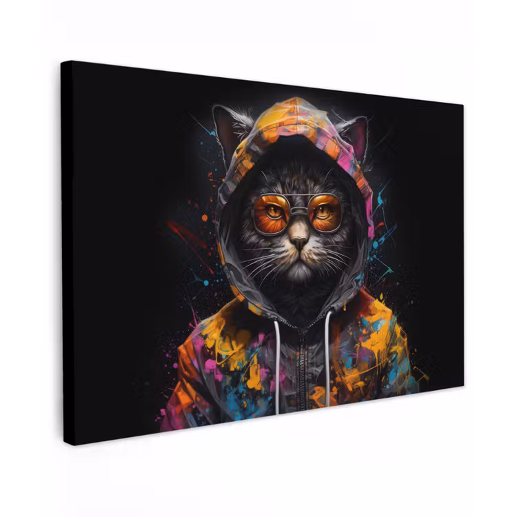 Canvas schilderij - Kat - Jas - Graffiti - Bril - Zwart — 1