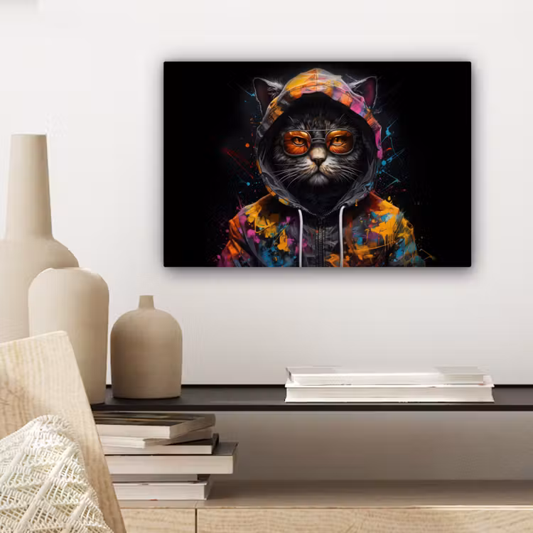 Canvas schilderij - Kat - Jas - Graffiti - Bril - Zwart — 5