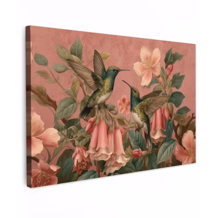 Canvas schilderij - Kolibries - Bloemen - Groen - Roze — 1