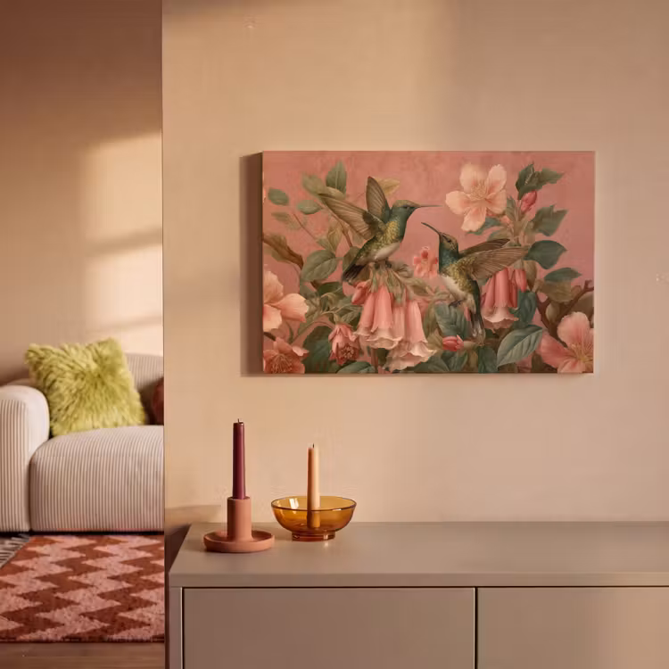 Canvas schilderij - Kolibries - Bloemen - Groen - Roze — 2