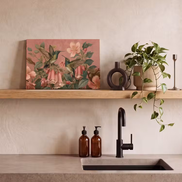 Canvas schilderij - Kolibries - Bloemen - Groen - Roze — 3